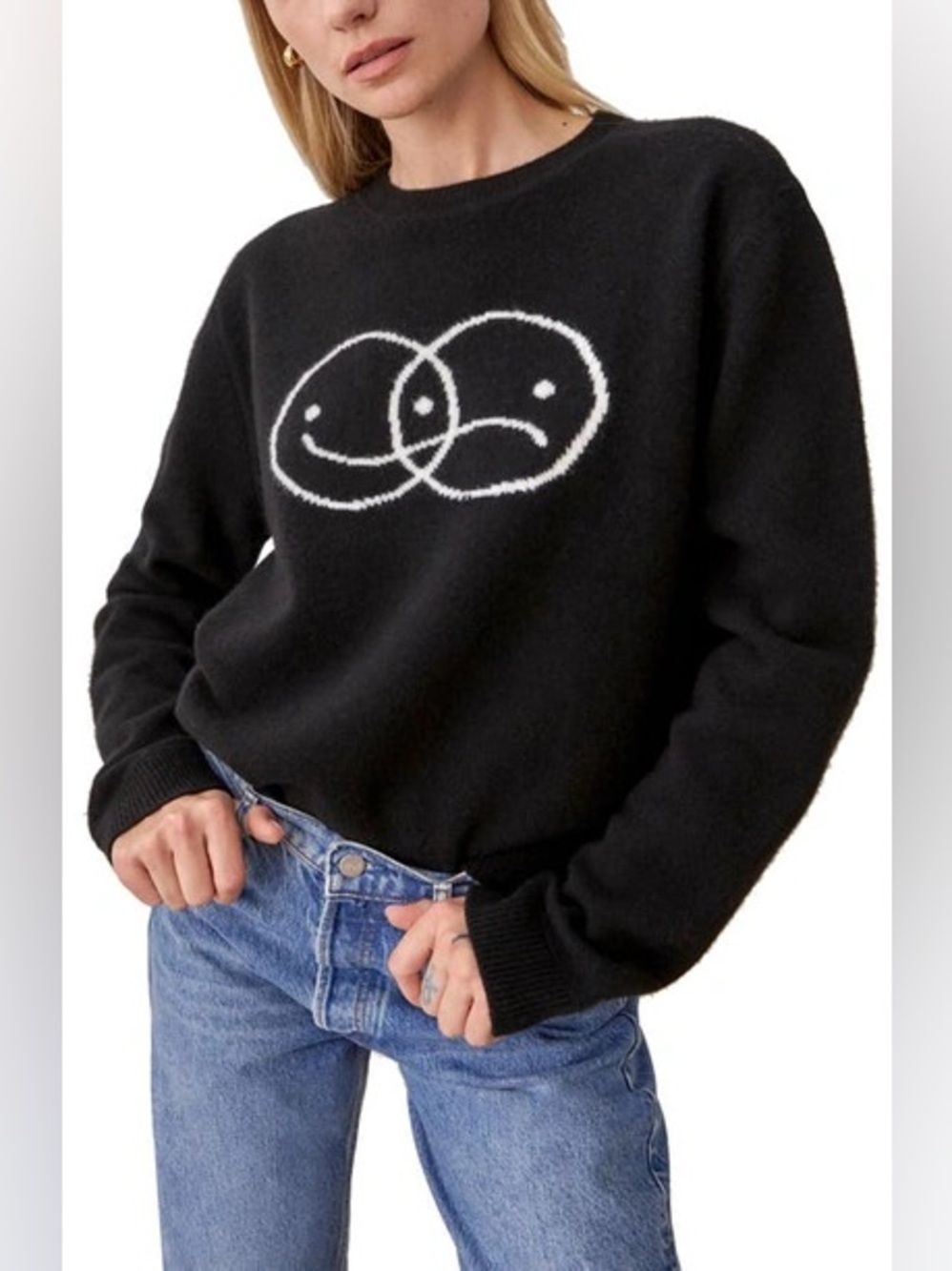 Reformation Mixed Emotions Intarsia Black Wool Crewneck Sweater